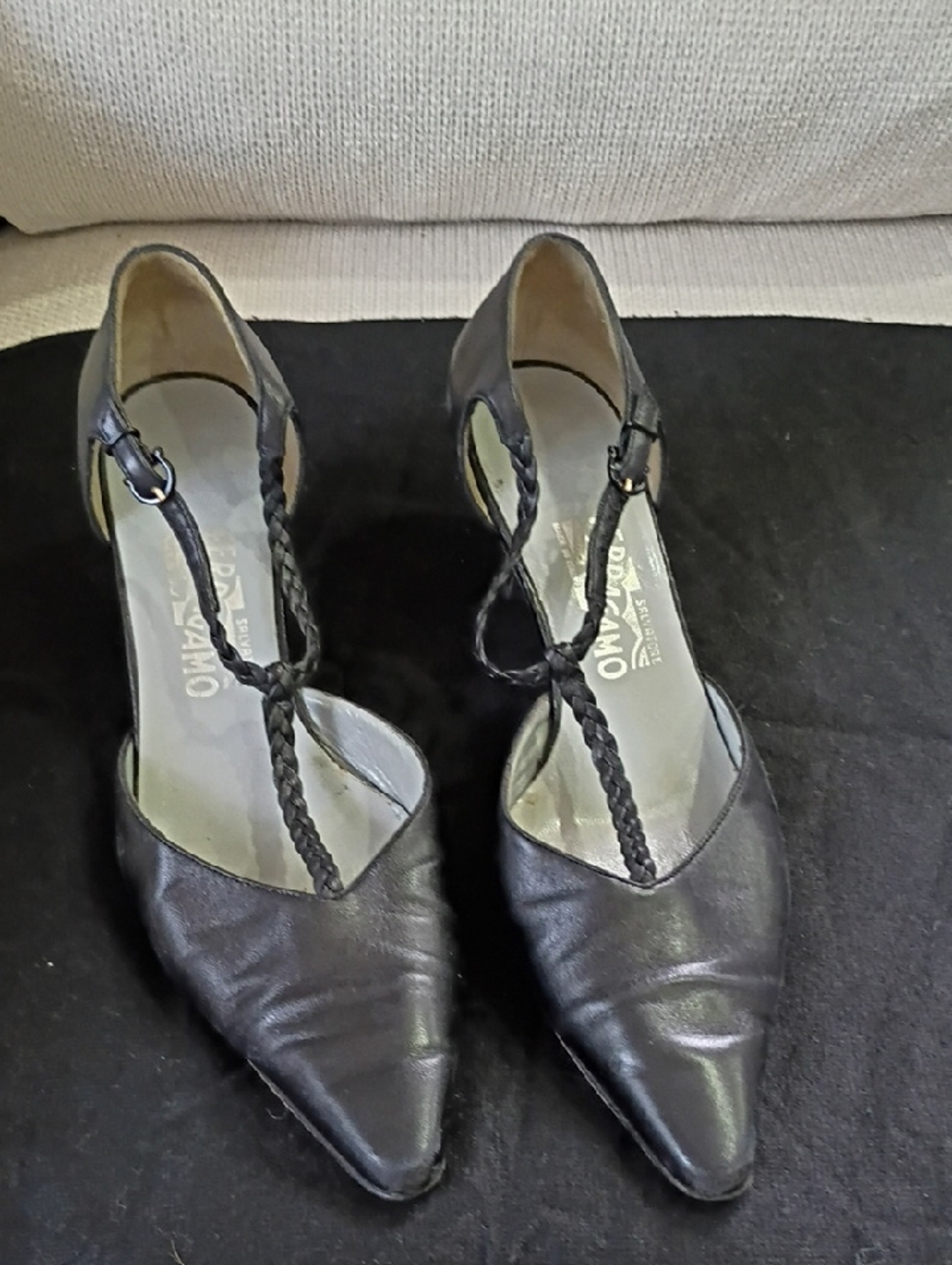 Salvatore Ferragamo Black Braided T-Strap Pointed Toe Pumps